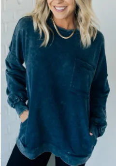 Washed Cotton Loose-fitting Casual Round-neck Sweater T-shirt For Women - Navy Blue - View 1