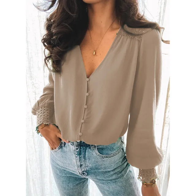 Solid Color Lace V neck Single breasted Shirt For Women Khaki - Shop at LoveMi