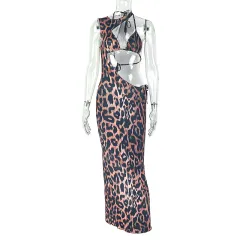 Women's Casual Leopard-Print Halterneck Maxi Dress Two-Piece Set - Leopard - View 1