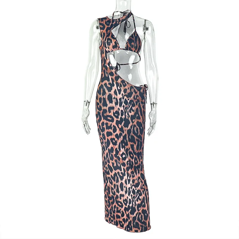 Women's Casual Leopard-Print Halterneck Maxi Dress Two-Piece Set - Leopard