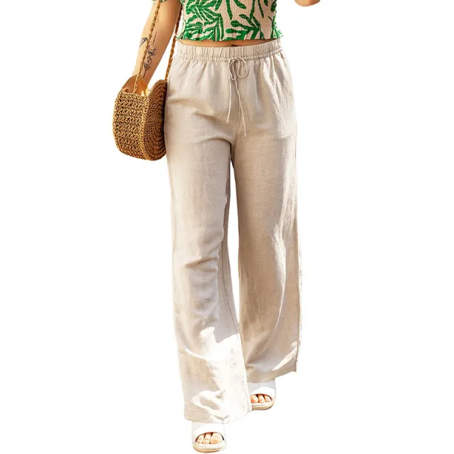 Women's Summer Casual Solid Color Drawstring Wide leg Pants Lc7711906 Apricot - Shop at LoveMi