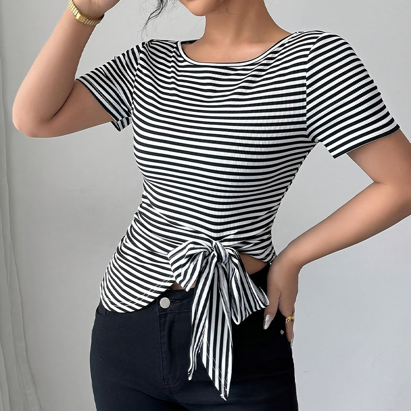 Womens Striped Short-Sleeve Casual T-Shirt