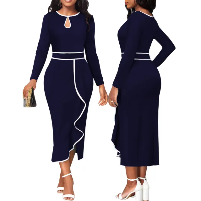 Lotus Leaf Women's Clothing Dress Long Sleeve Dark Blue - Shop at LoveMi