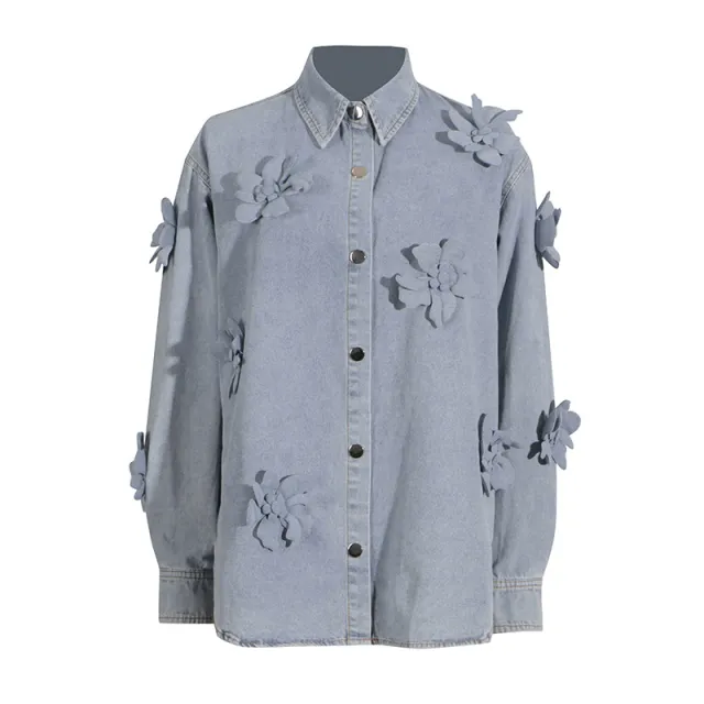 Simple Style Three dimensional Flower Denim Top For Women Summer Blue - Shop at LoveMi