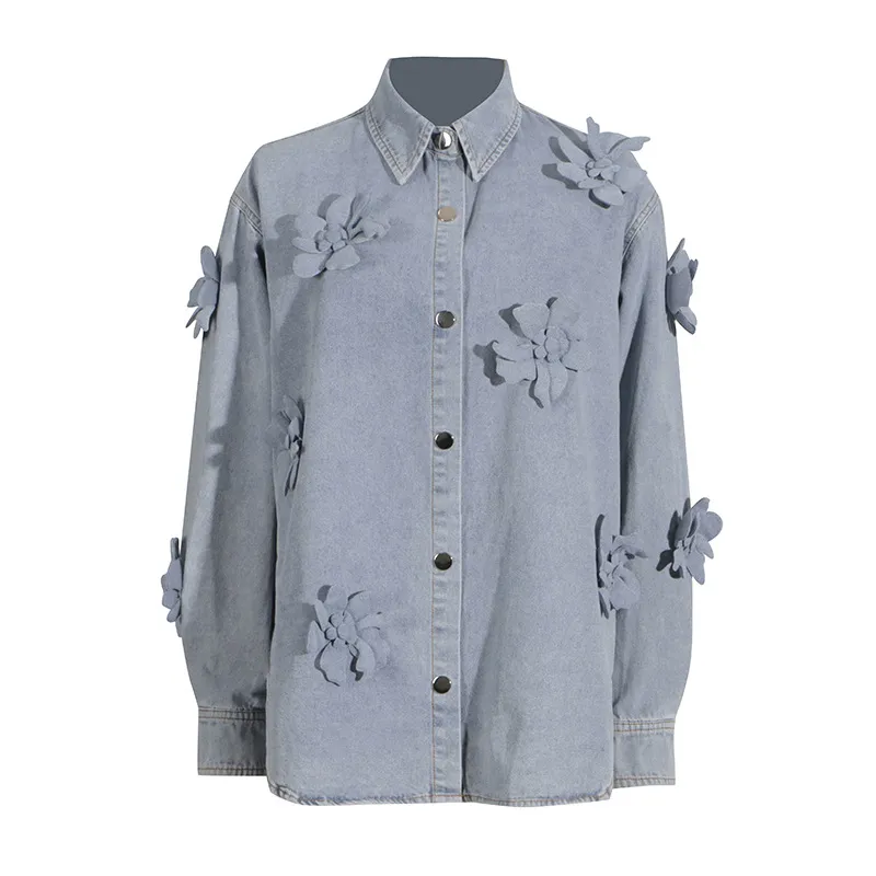 Simple Style Three-dimensional Flower Denim Top For Women Summer - Blue