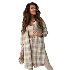 Women's Printed Checks Mid-length Shirt Coat - Dark Brown - View 1