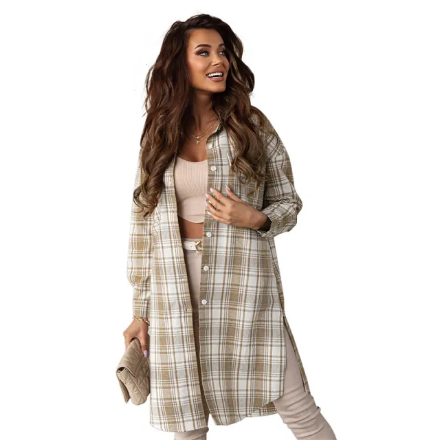 Women's Printed Checks Mid length Shirt Coat Dark Brown - Shop at LoveMi