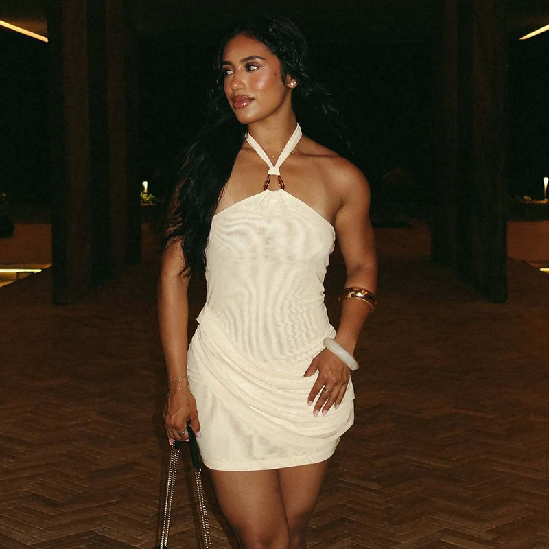 Seamless Mesh Bodycon Short Solid-color Street-style Halter Dress