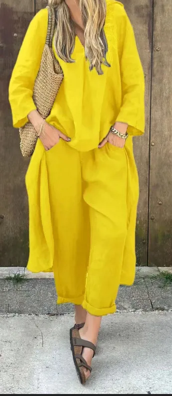 Long sleeved Suits Loose V neck Long Top And High Waist Wide Leg Pants With Pockets Women's Clothing Yellow - Shop at LoveMi