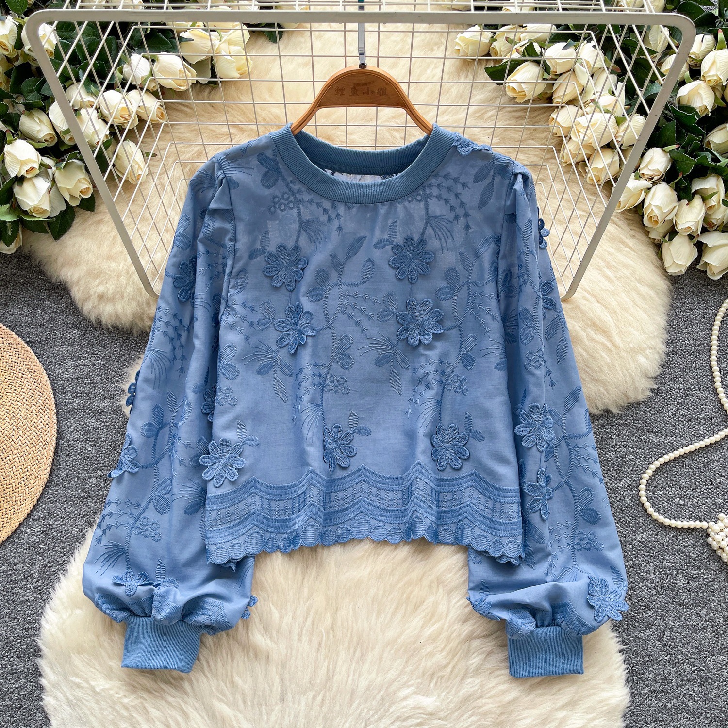 Womens Lantern-Sleeve Crew-Neck Sweatshirt With Embroidery Loose Fit