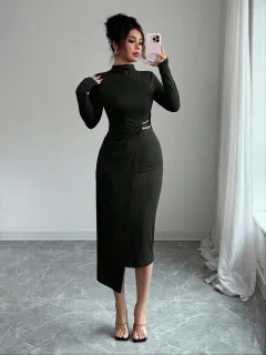 Small Stand-up Collar Knit Solid-colour Dress With Metal Buttons - Black - View 1