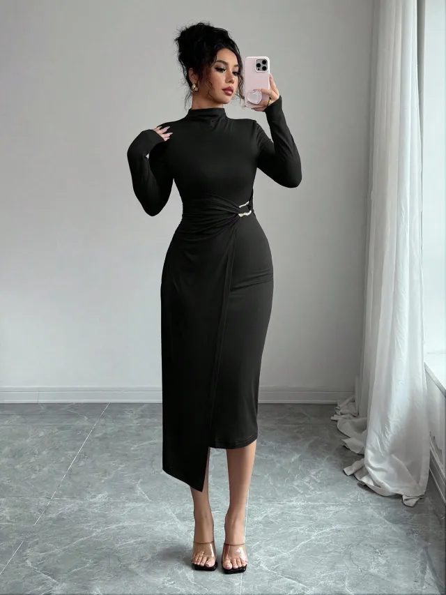 Small Stand up Collar Knit Solid color Dress With Metal Buttons Black - Shop at LoveMi
