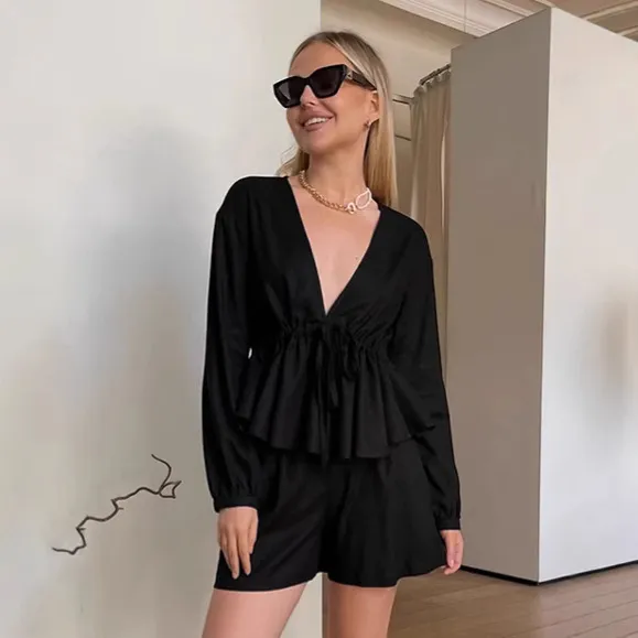 Black Cotton And Linen Suit Foreign Trade Loose Long Sleeve Top Black - Shop at LoveMi