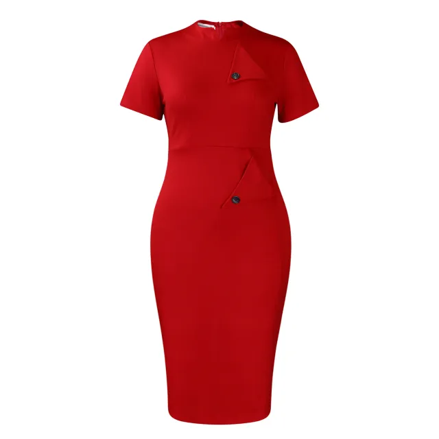 Fashionable And Elegant OL Pencil Short sleeve Semi high Neck Bodycon Dress Red - Shop at LoveMi