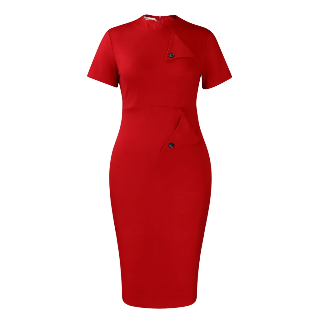 Fashionable And Elegant OL Pencil Short-sleeve Semi-high Neck Bodycon Dress - Red
