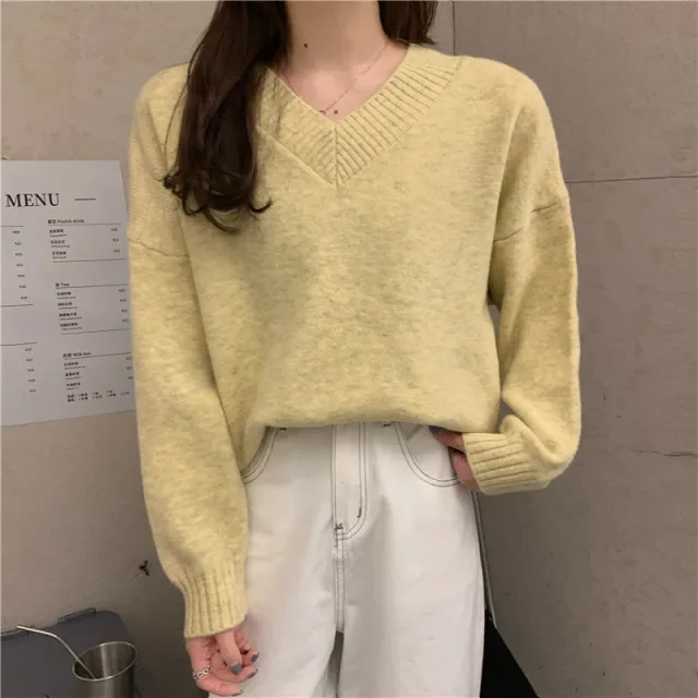 Cotton Cashmere Casual Laid back Style V neck Pullover Sweater Light Yellow - Shop at LoveMi