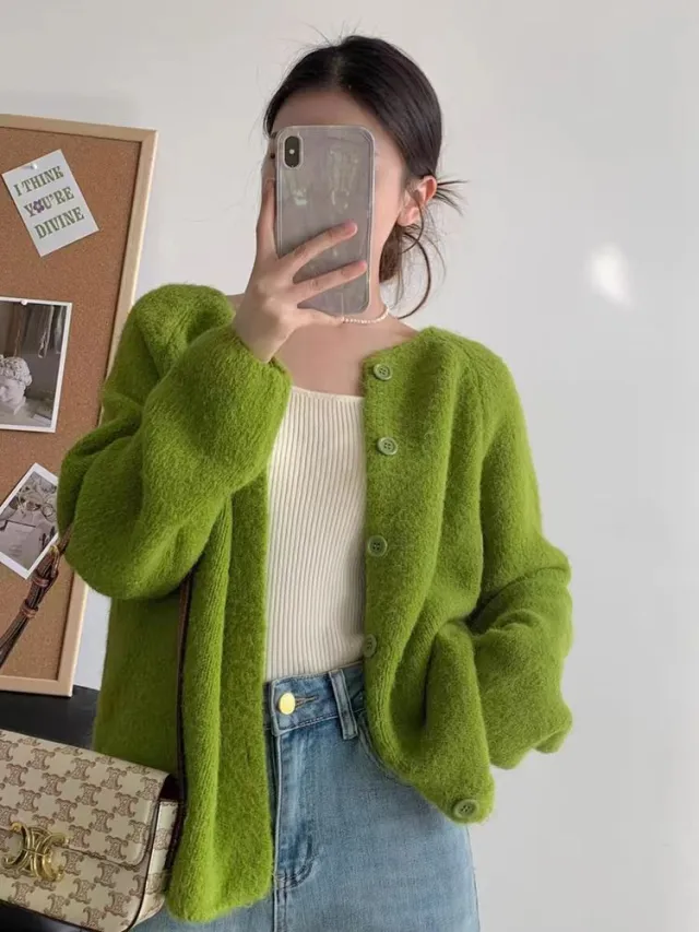 Candy Color Round Neck Soft Glutinous Top Korean Casual Loose Raglan Sleeve Knitted Cardigan Green - Shop at LoveMi