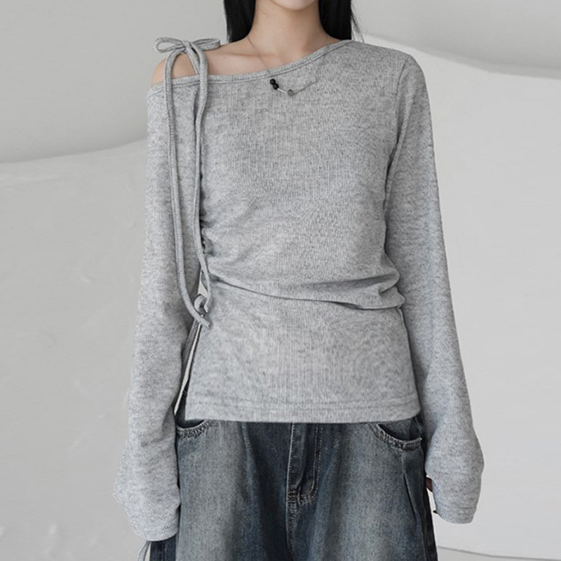 Diagonal Collar Strapless Lace-up Loose Long Sleeve T-shirt