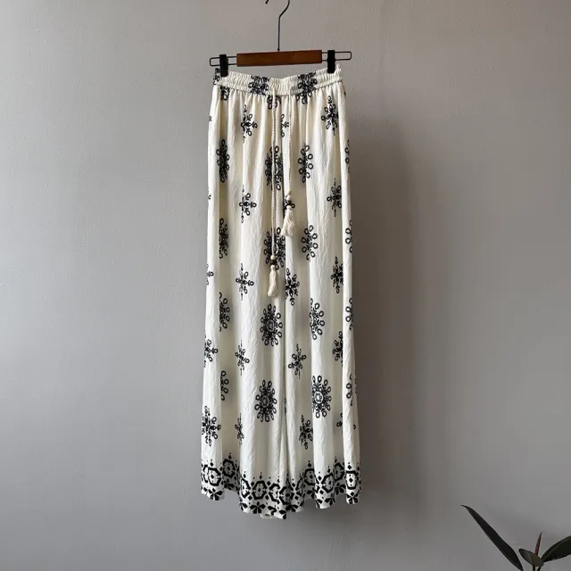 Women's Vintage Printed Drawstring Wide leg Pants Beige Apricot - Shop at LoveMi