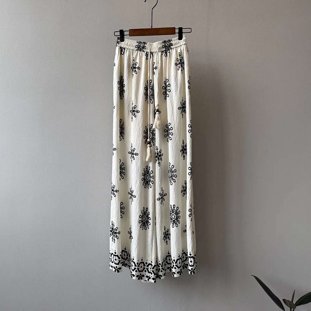 Women's Vintage Printed Drawstring Wide-leg Pants - Beige Apricot