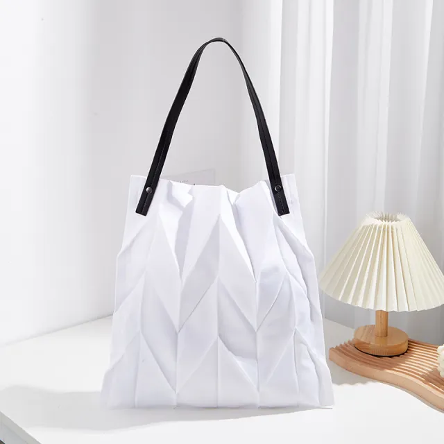 Pleated Shoulder Lightweight Folding Bucket Bag White - Shop at LoveMi