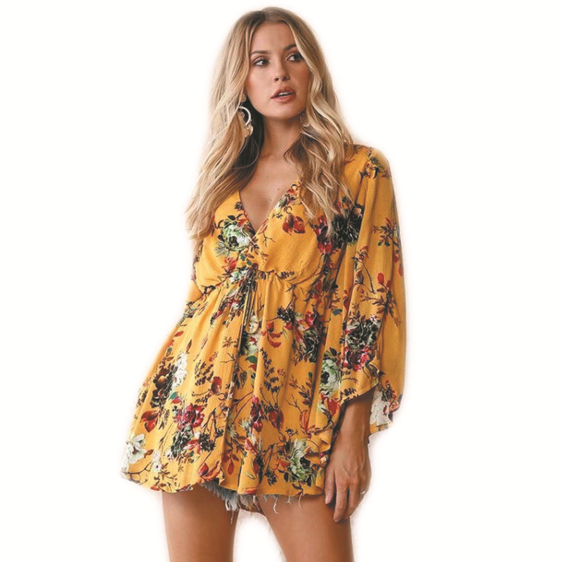Spring And Summer New Deep V Lace-up Waist Trimming Printing Dress