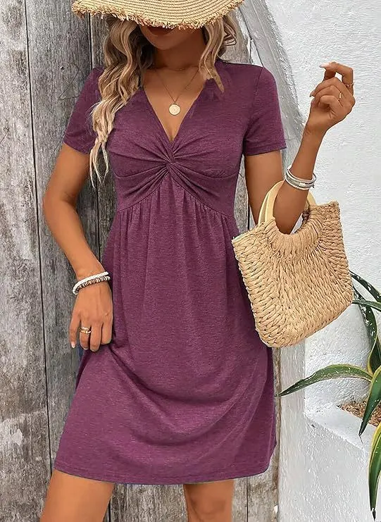 Sleeveless V neck Design Chest Kinked Pleated Waist Tight Dress Short Sleeve Rose Red - Shop at LoveMi
