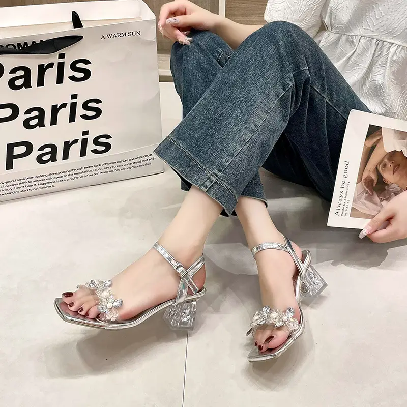Chunky Heel Rhinestone One-strap Outdoor High Heels