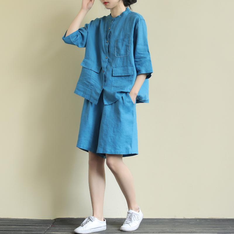 Loose-fit Plus-size Two-piece Set For Women Mandarin-collar Shirt And High-waisted Wide-leg Shorts 5