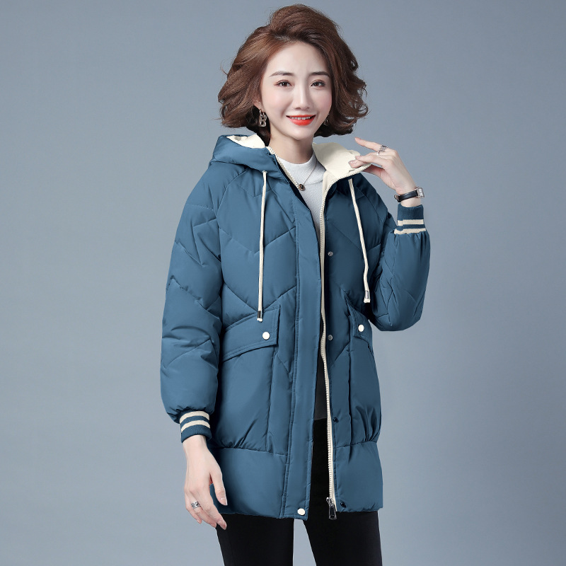Female Mid length Winter Clothing Loose Cotton Jacket Thickened Puffer Jacket Blue - Shop at LoveMi