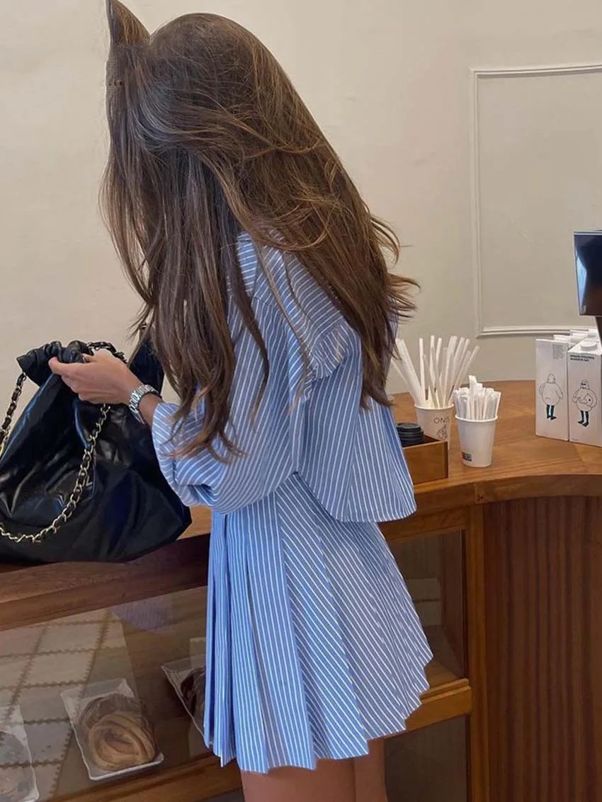 Elegant Blue Striped Women's Two-piece Set Fashion Long Sleeve - Image 4