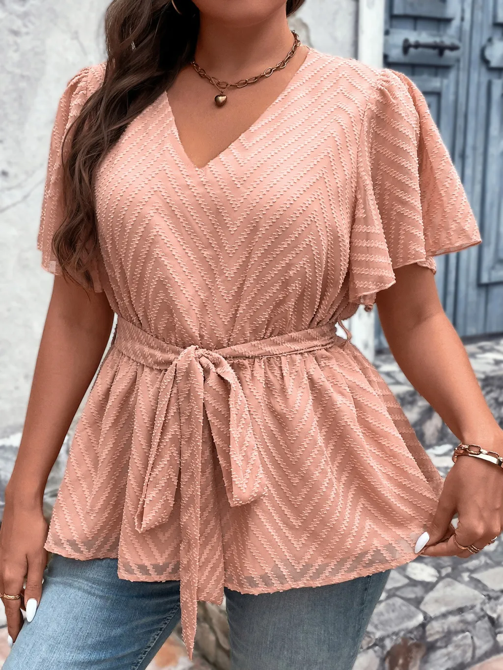 Thin Loose-fitting Plus Size V-neck Top - Pink