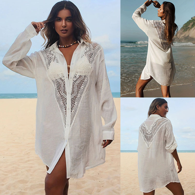 Lace Trimmed Blouse Style Swimsuit Cover Up Womens Sun Protective Beach Cardigan