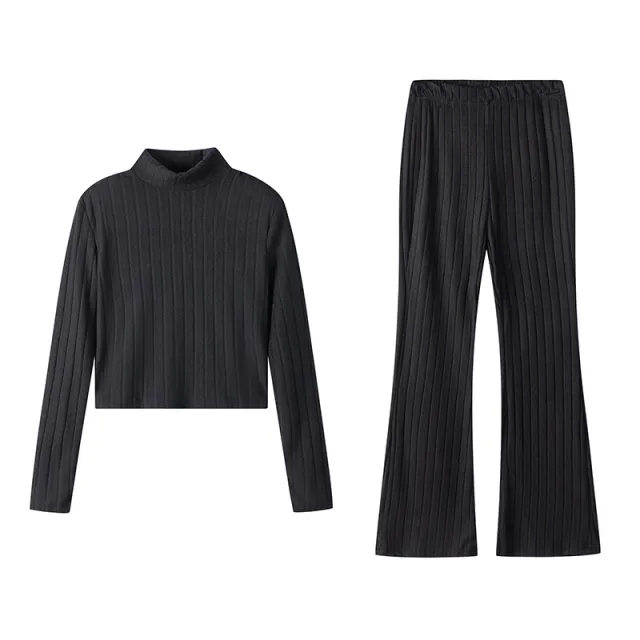 Knitted Long sleeve Suit Hooded Sweater Trousers Black - Shop at LoveMi