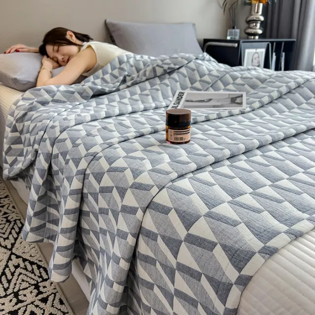 Pure Cotton European style Cotton Yarn dyed Jacquard Gauze Blanket Geometric Gray - Shop at LoveMi