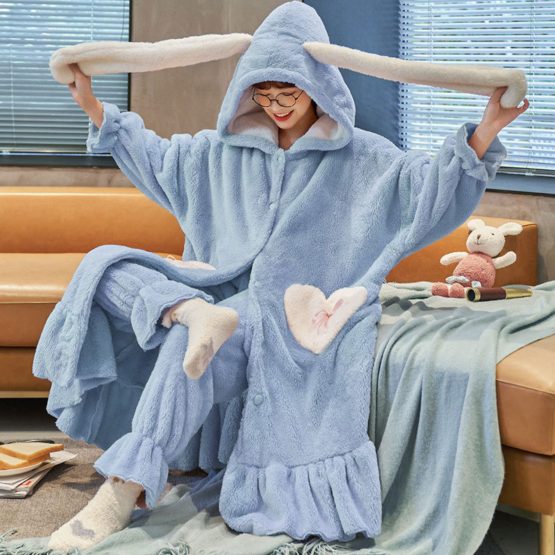 Title 10, Coral Fleece Long Nightgown Long Ears Hooded Ho...