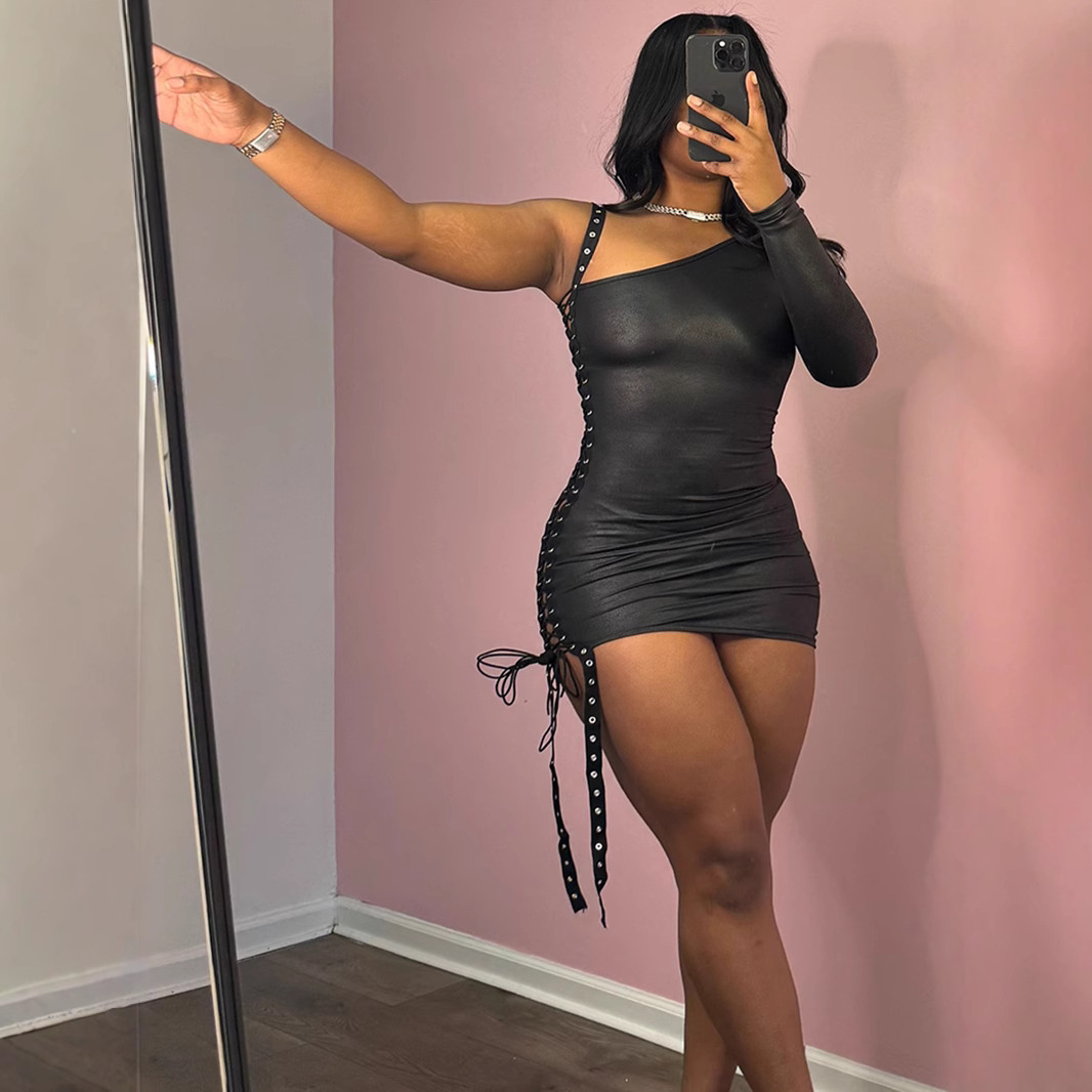 Diagonal Collar Hollow-out Single-side Sleeve Women's Clothing Dress