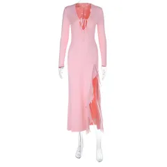 Hollow Lace Slit Long Sleeve Dress For Women - Pink - View 1