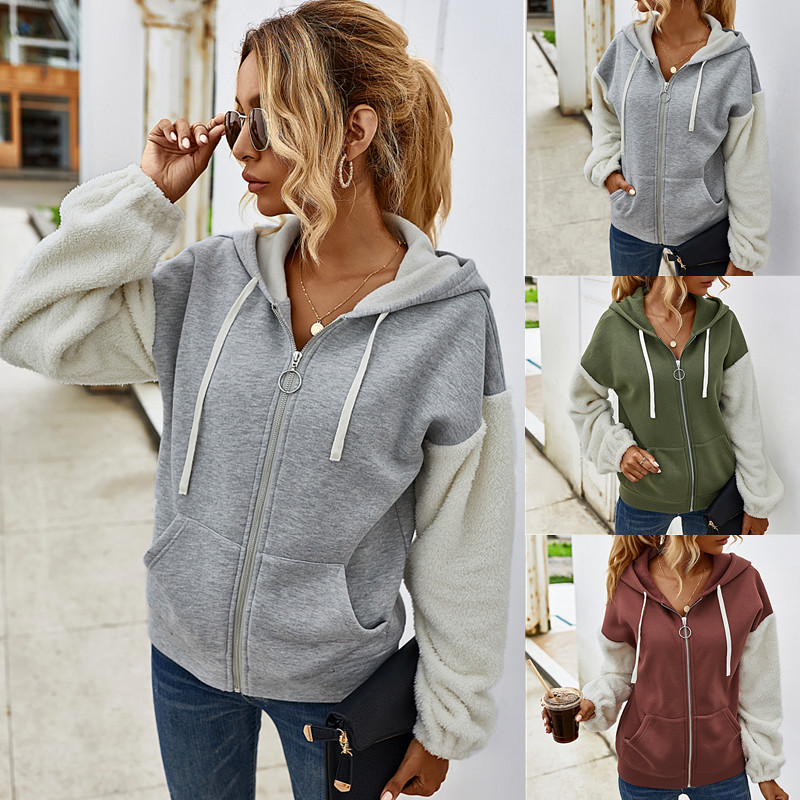 Title 1, Contrast patchwork hooded long-sleeved casual j...