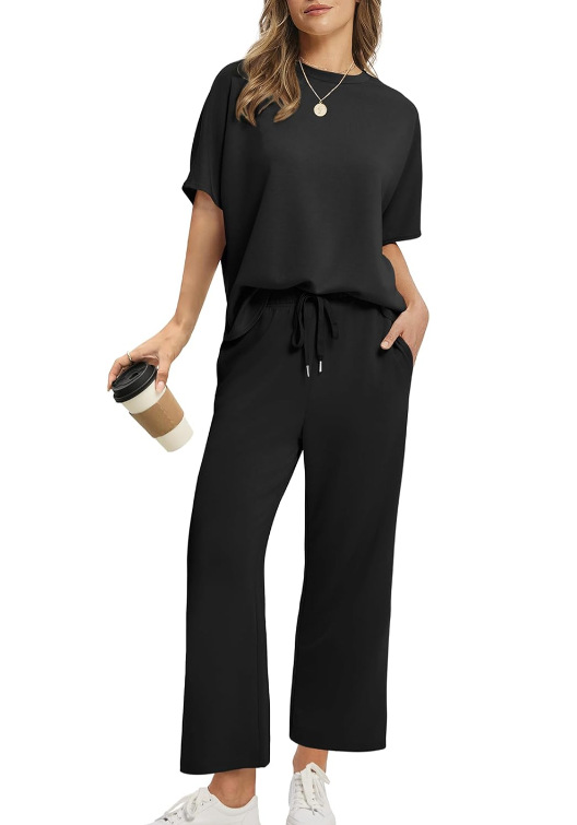 European And American Women's Solid Color Short sleeved Casual Wide leg Pants Suit Black - Shop at LoveMi