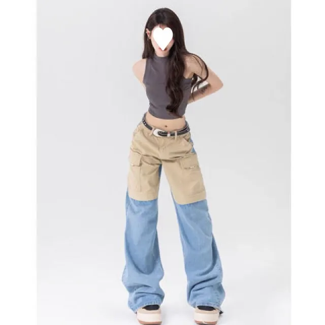 American Contrast Color Wide Leg Jeans Women Blue - Shop at LoveMi