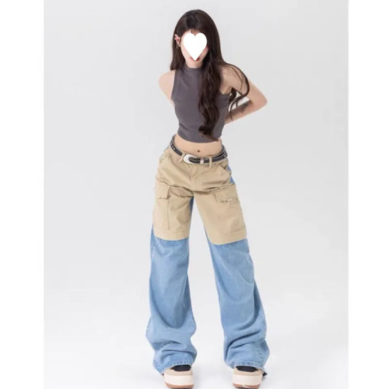 American Contrast Colour Wide Leg Jeans Women - Blue