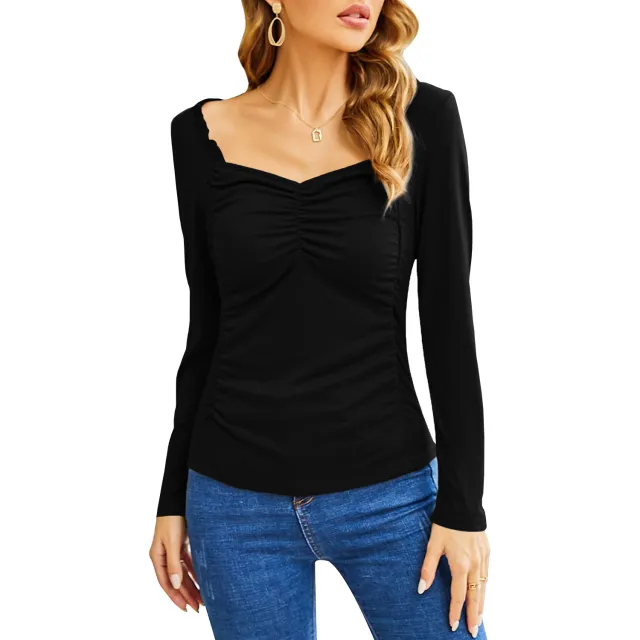 Women's Fashion Casual Square Collar Pleated Slim fit Long Sleeve Black - Shop at LoveMi