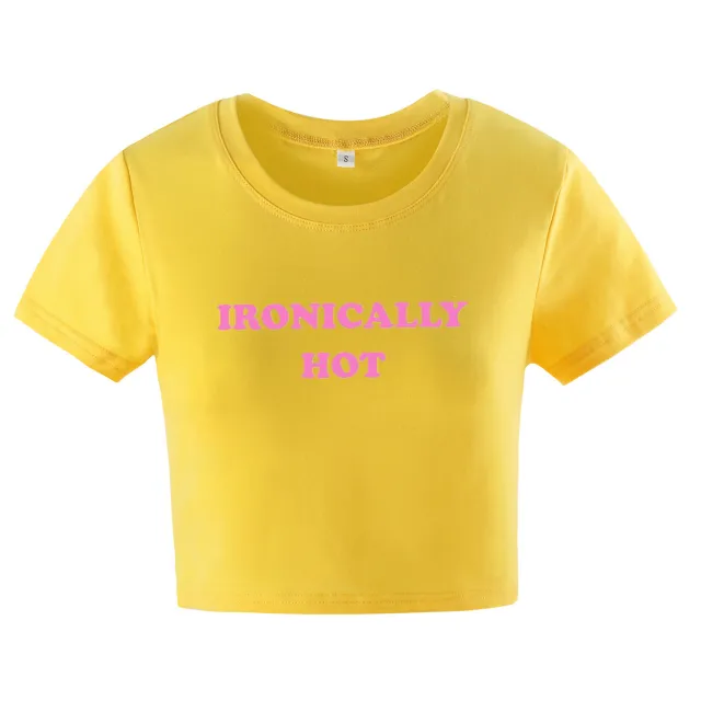 Letter Sexy Navel Short Short Sleeve T shirt Top Yellow - Shop at LoveMi