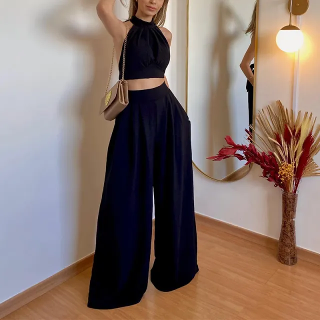 Personality Halter Slim Fit Temperament Chest wrapped Folding High Waist Loose Trousers Two piece Set Black - Shop at LoveMi