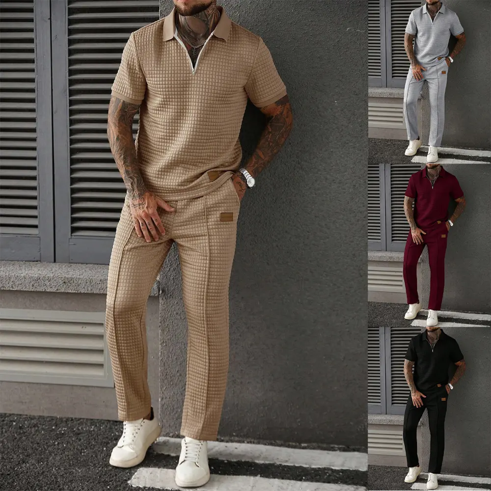 Casual Zip-Up Polo Shirt Top and Pants Two-Piece Set