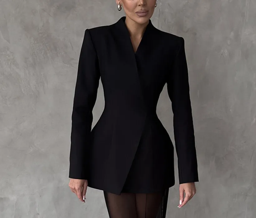 Long Sleeve Satin Top Suit Loose - G385 Black Top