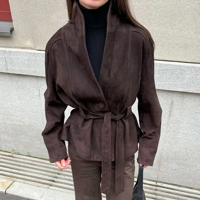 Retro Suede Long sleeved Jacket Brushed Velvet Coat For Women Dark Brown - Shop at LoveMi