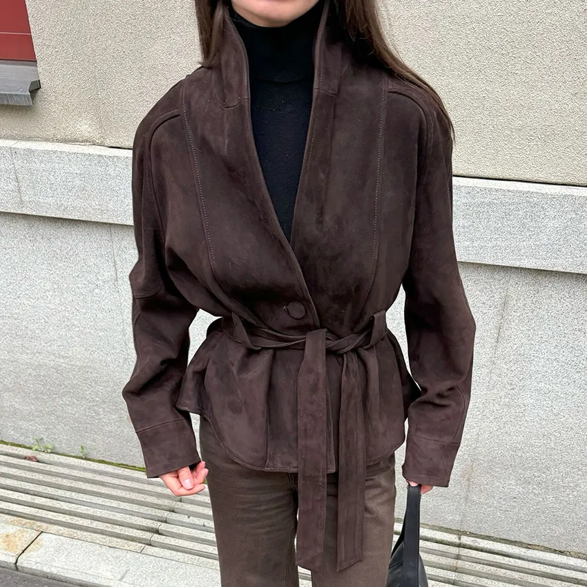 Retro Suede Long-sleeved Jacket Brushed Velvet Coat For Women - Dark Brown