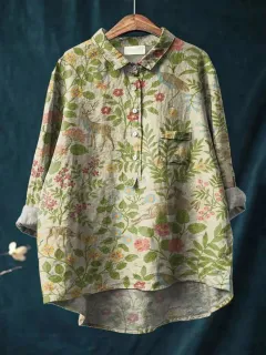 Lapel Long Sleeve Shirt Vintage Floral Flower T-shirt Shirt - Xxxxl - View 1